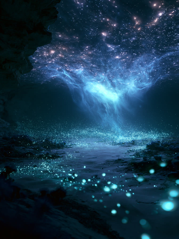 Nuée de plancton bioluminescent dans l'obscurité totale